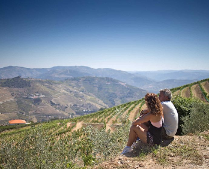 Couple enjoying panoramic views of Douro Valley vineyards